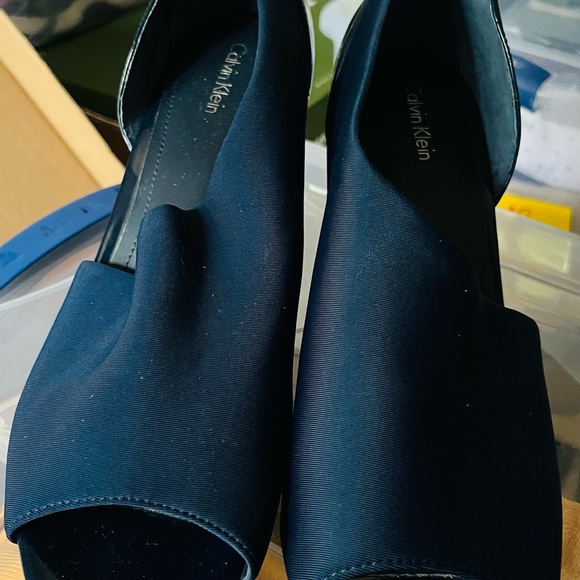 Calvin Klein Peep Toe Fabric Wrap Wedge Heels size 8 1/2 - 9 blue - Picture 12 of 14